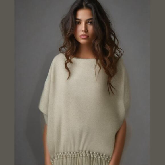 Francesca's Cream Gold Metallic Fringed Sweater Knit Poncho Cape OS - Picture 1 of 10